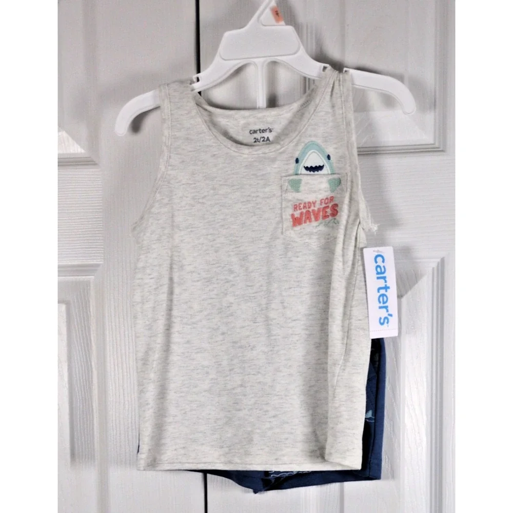 Carter's Boys 2T Tank Top Shorts Set NWT Shark Ready For Waves Gray Blue Summer